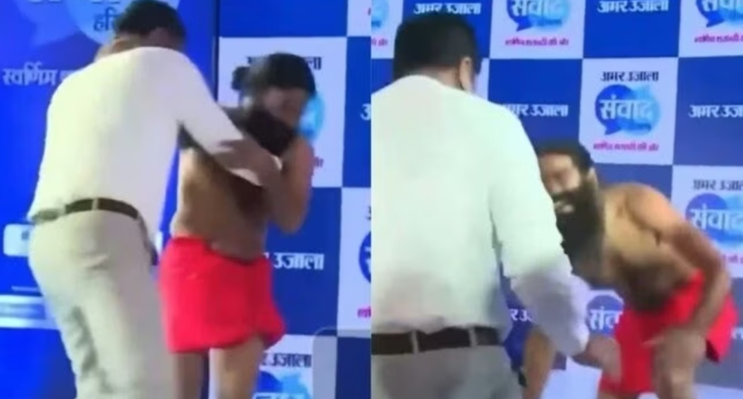 मंच पर दिखा अनोखा दंगल, पत्रकार से दोस्ताना कुश्ती में नजर आए बाबा रामदेव, VIDEO वायरल